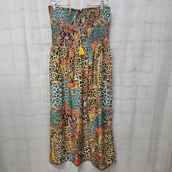 NWT Gypsie Blue Orange Green Animal Print Strapless Midi Dress Boho 1X - Picture 1 of 11